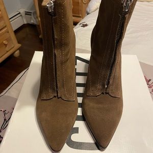 Schultz camel/taupe suede above the ankle boots with front zipper. Size 8